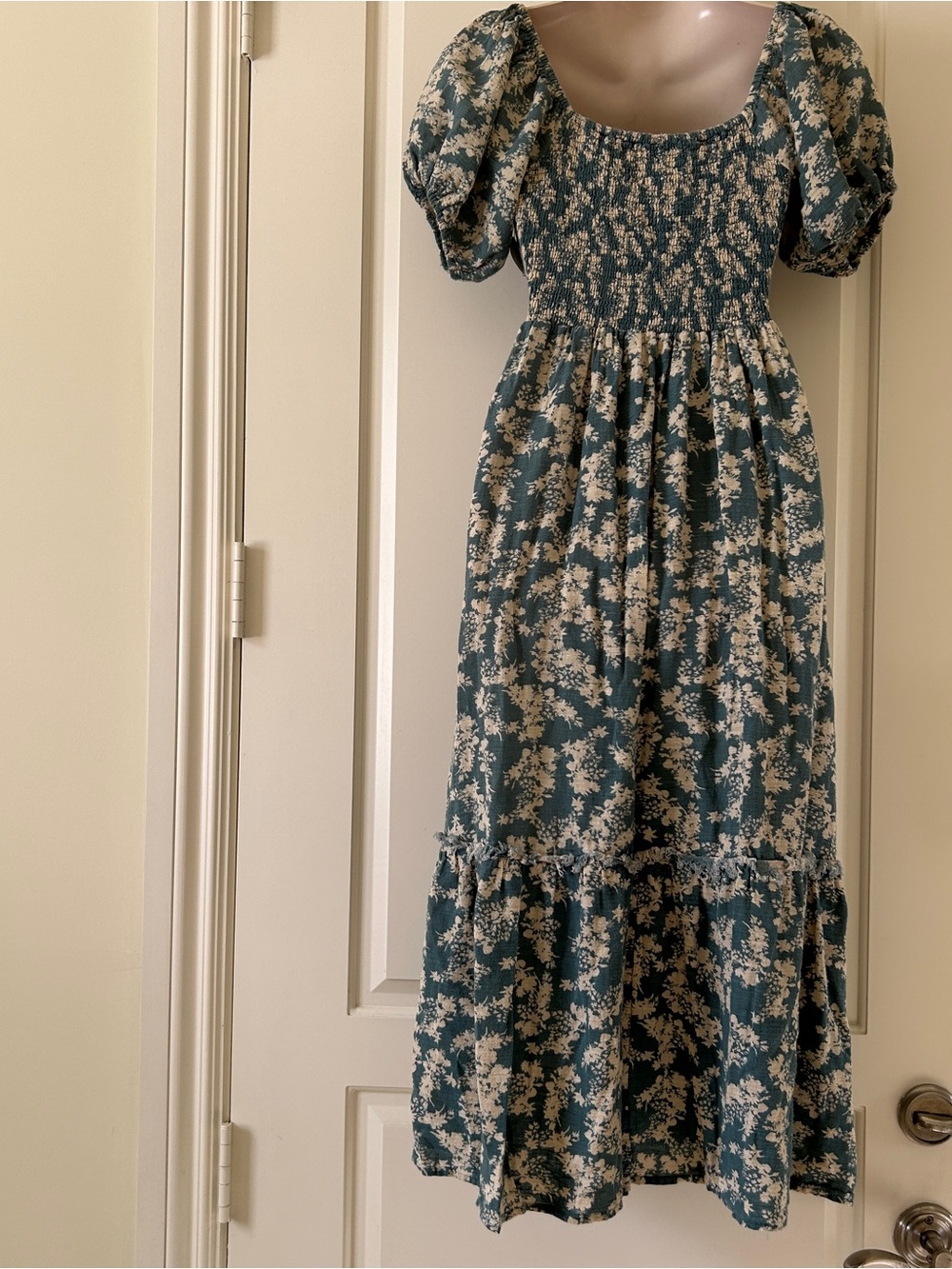 FREE PEOPLE "Ellie" Teal/Cream Floral Boho Puff Sleeve Dress, Size S,  W/Defect - Picture 5 of 9